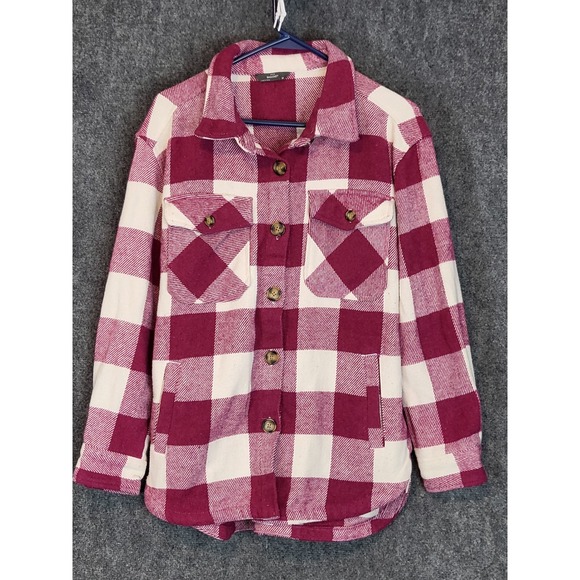 Plaid Shacket Jacket Womens Medium Burgundy Cream Button Front Cottagecore Plain - Picture 1 of 10